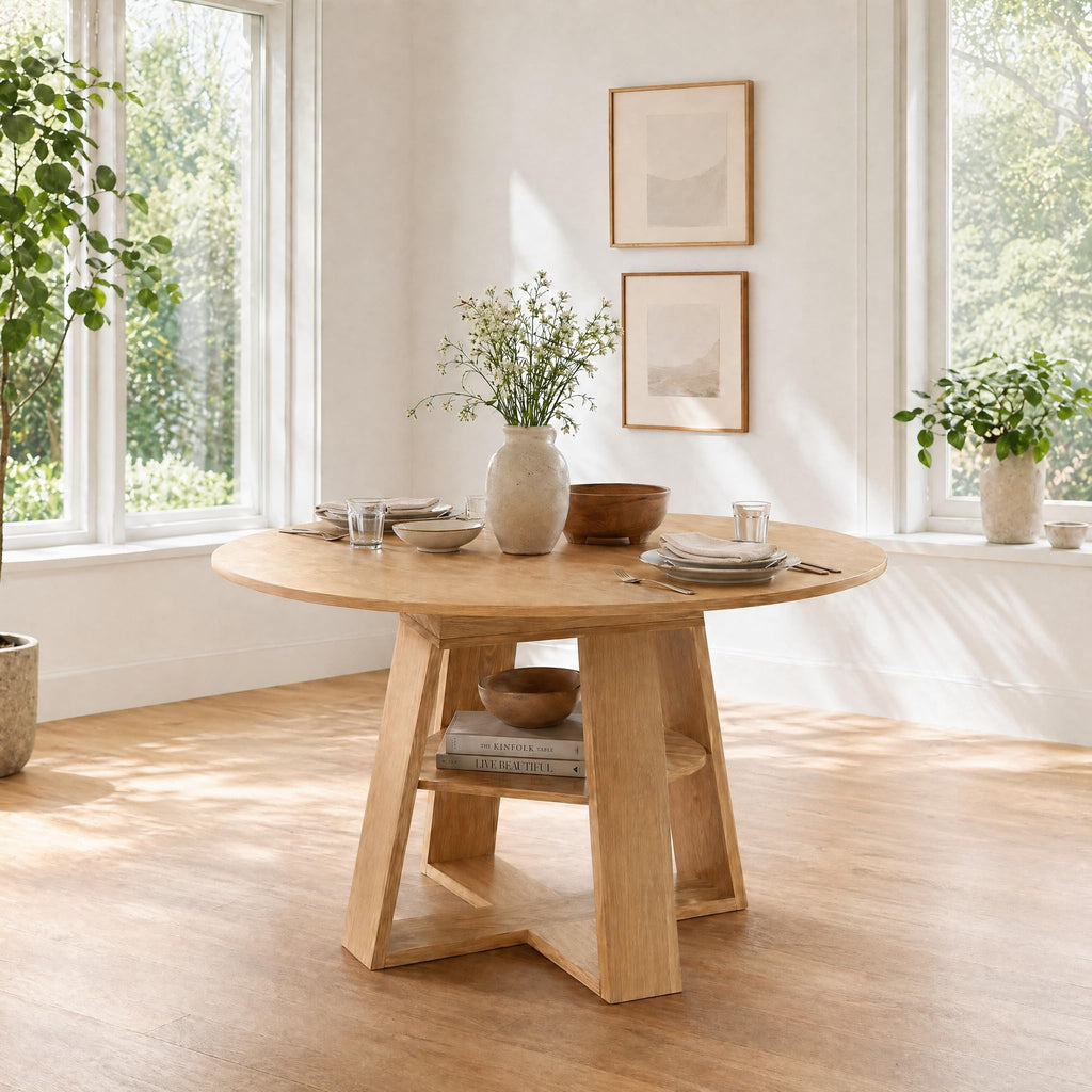 Extendable Round Dining Table for 4-6, 43.3"-59" Round to Oval Kitchen Table with Storage Shelf, Mid-Century Modern &