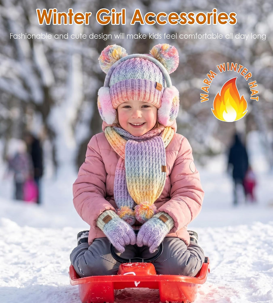 4PCS Kids Girls Winter Hat Gloves Scarf Earmuffs Set Aged
