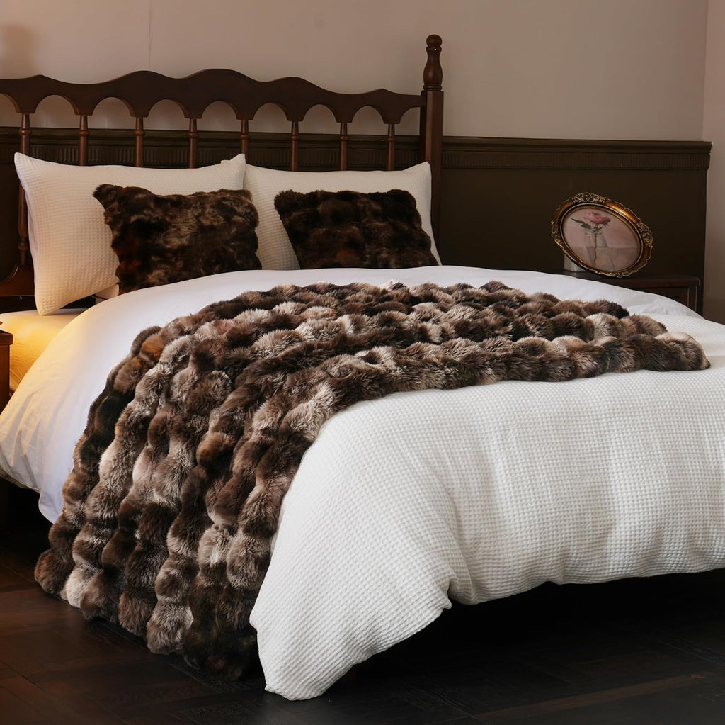 Fluffy Faux Fur Throw Blanket, Soft Plush Thick Cozy Fuzzy Luxury Minky Bubble Blanket, Tie-dye Coffee, 50" x 60"