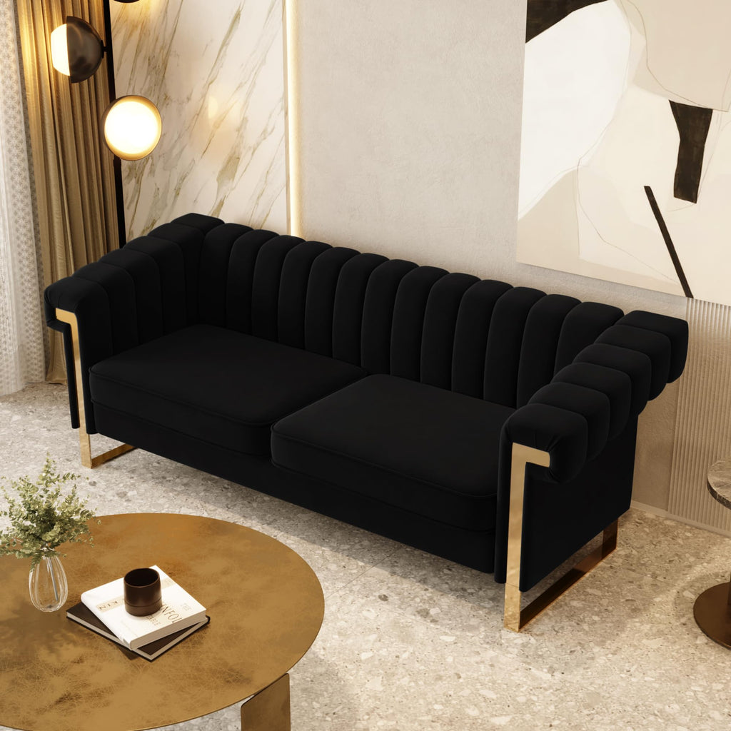 Mid-Century Modern Black Sofa with Gold Metal Legs, 83.86" Luxury Chesterfield Comfy Couches (, Black)