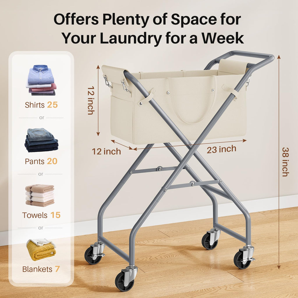 No-Bend Laundry Cart Rolling Hamper with Locking Wheels & Handle, Foldable Basket Screw-Free Assembly, Durable Metal