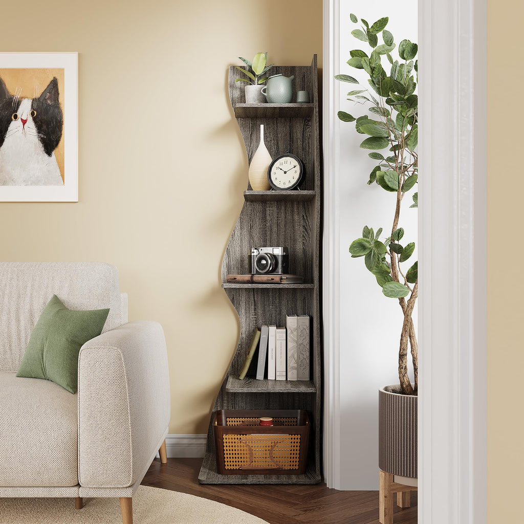 70-Inch Corner Shelf with 5-Tier Shelves, Wall Corner Bookshelf
