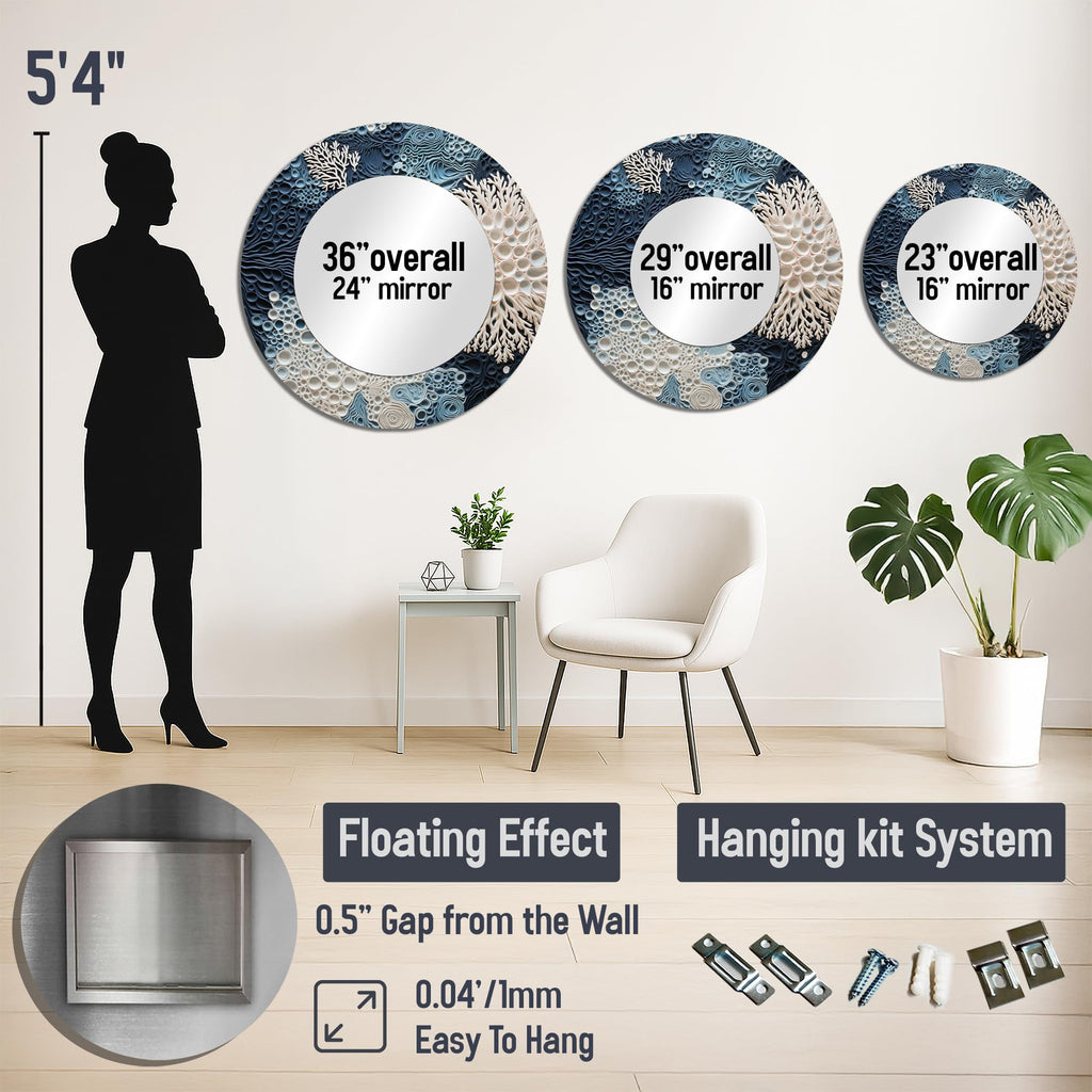 Coastal Wall Mirror, Round Beach Wall Mirror, Under Water Blue and White Corals Collage, Decorative Coastal Bathroom