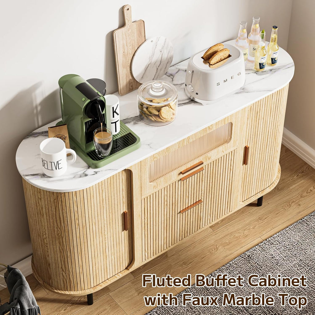 54" Modern Fluted Sideboard Buffet Cabinet with Storage, Oak | Mid Century Coffee Bar with Light & Slide Doors, 2