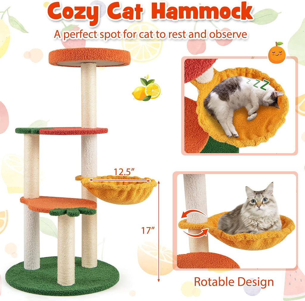 Fruit Cat Tree, Multi-Level Cute Cat Tower with Sisal Scratching Posts, Padded Top Perch, Rotatable Basket, Apple &