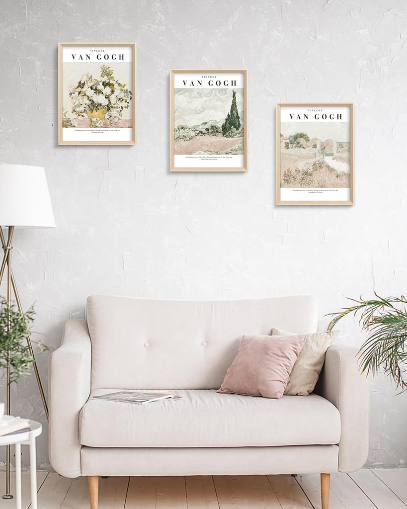 Van Gogh High Framed Wall Art Set of 3, 12x16in Neutral Floral Canvas Prints, Abstract Landscape Artwork Bedroom