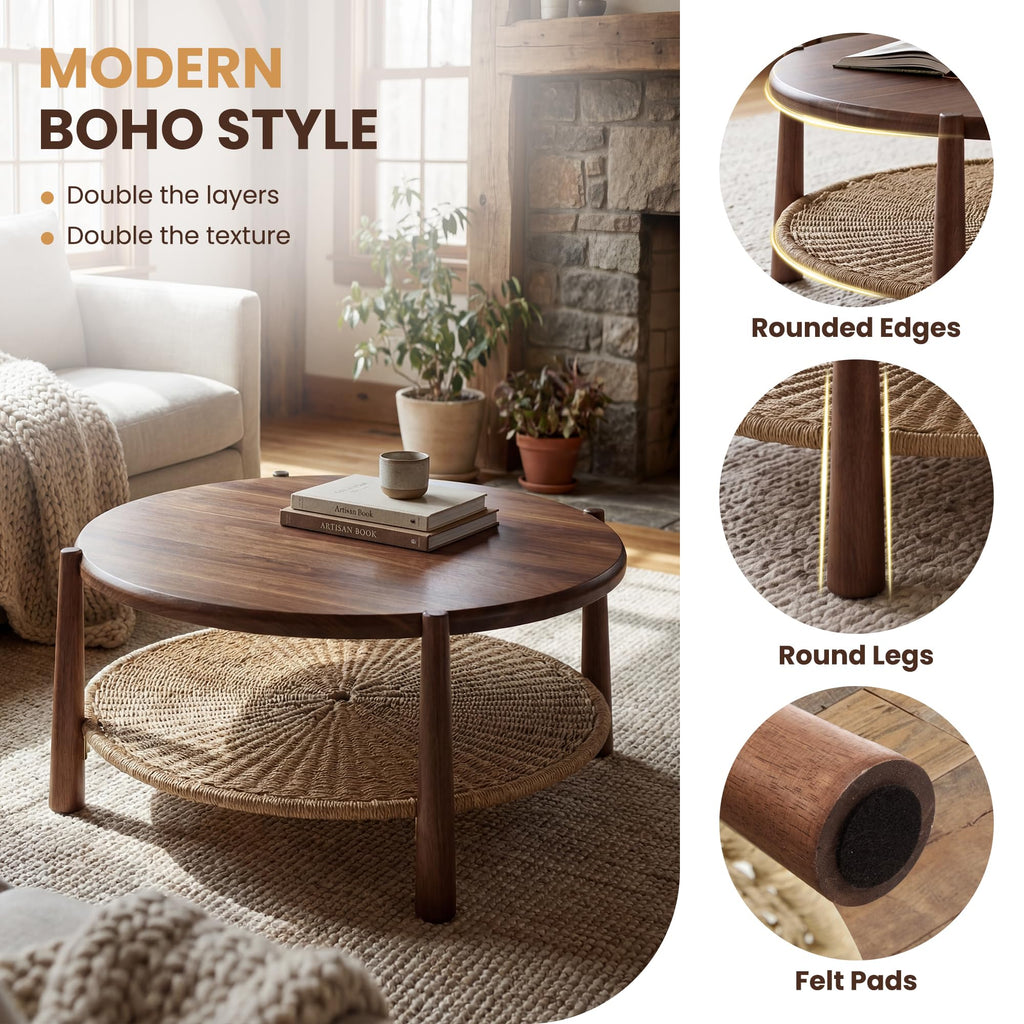 Round Coffee Table with Woven Storage Shelf, Walnut Brown