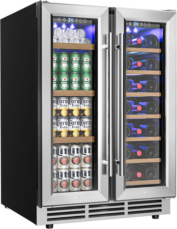 Wine and Beverage Refrigerator, 24 Inch Dual Zone Wine Cooler with Glass Door Ho