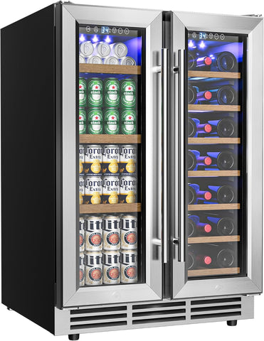 Wine and Beverage Refrigerator, 24 Inch Dual Zone Wine Cooler with Glass Door Ho