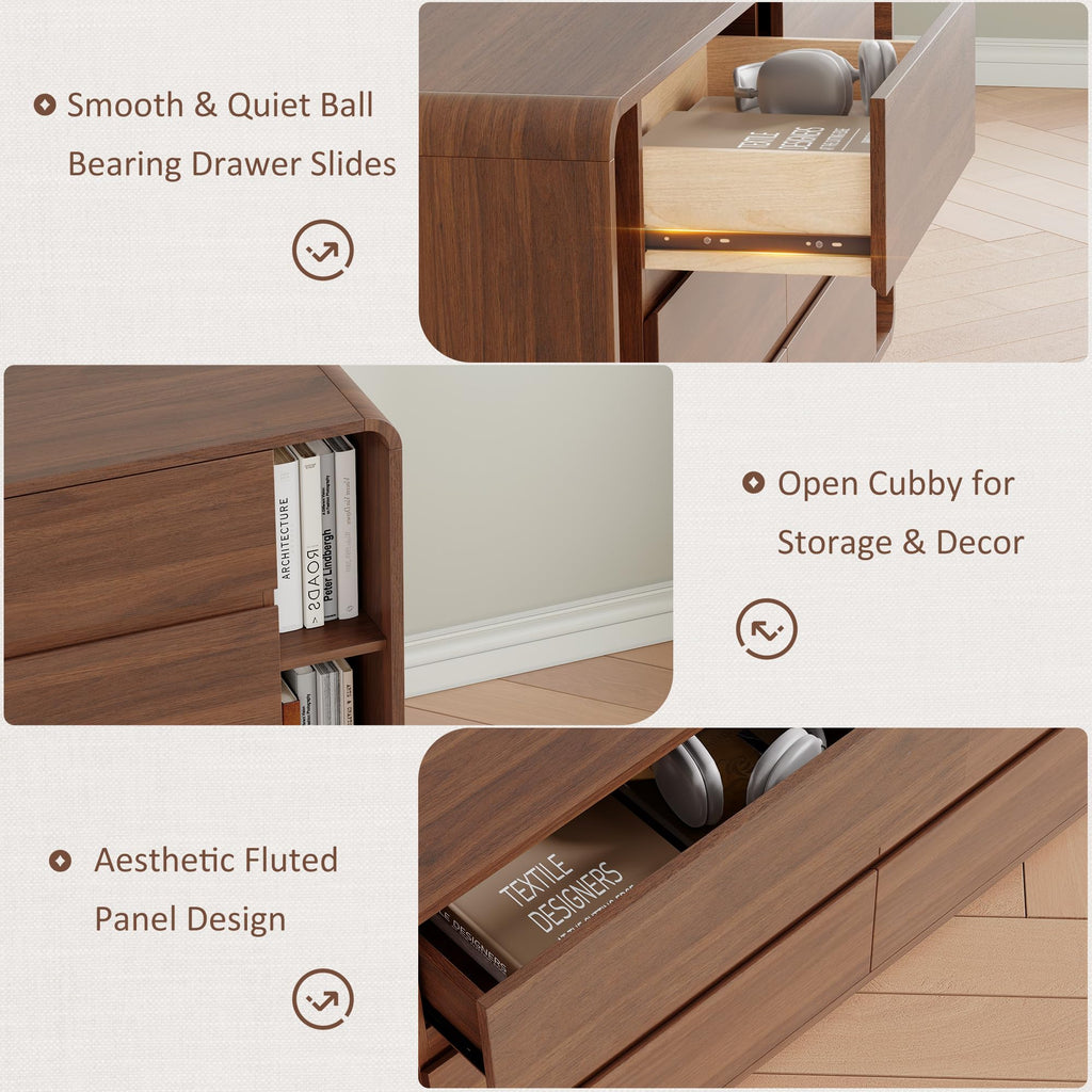 63 Inch 6 Drawer Dresser with Shelves, Rounded Corner, Walnut