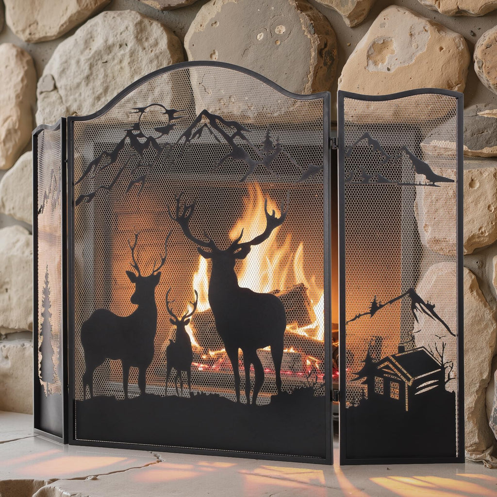 3-Panel Fireplace Screen, Deer Pattern Fire Guard, Rustic, 50" x 36"