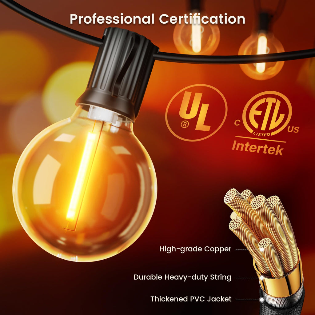 Outdoor String Lights, LED Patio Lights with 82 Dimmable Plastic G40 Globe Bulbs 2 Spares, 2200K Waterproof