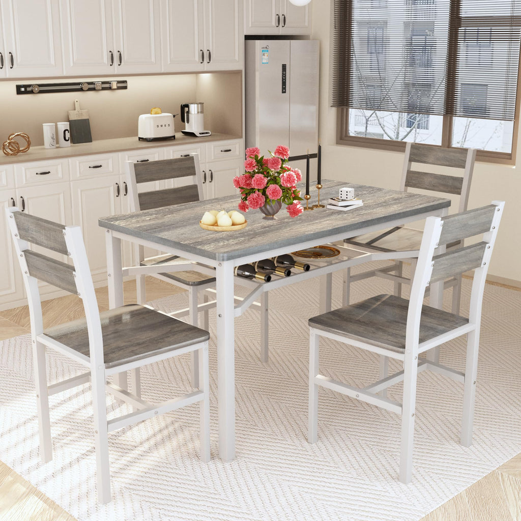 Dining Table Set for 4, Wood Kitchen Table Chairs Set with Storage, Farmhouse 5 Piece Dining Room Table Set