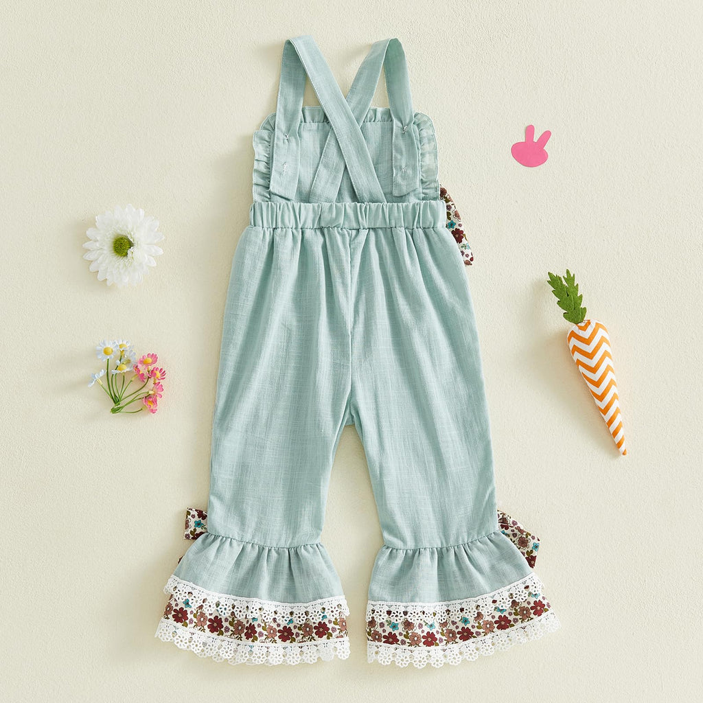 Toddler Baby Girl Easter Outfit Bunny Overalls Ruffle Bell-Bottom Plaid One Piece Romper Jumpsuit Cute Clothes