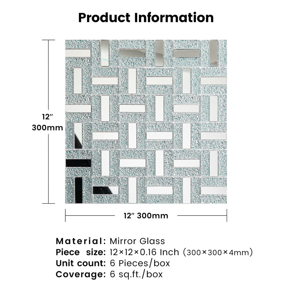 Crystal Diamond Mirror Mosaic Tile Brick Glass Mosaic Tile Backsplash Bathroom Wall (6 Sheets, Silver Brick Flat