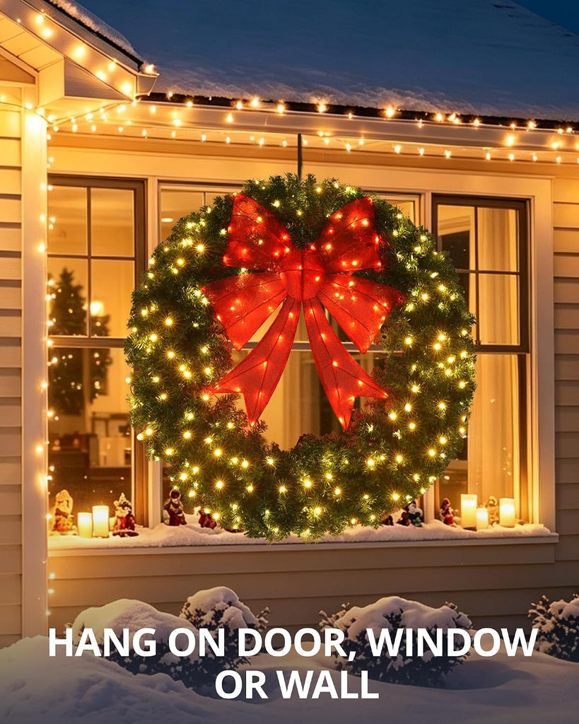 48In Pre-lit Artificial Christmas Wreath Holiday Decoration with 3D Red Bow