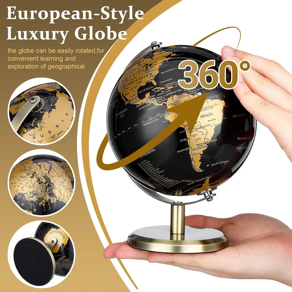 World Globe with Metal Stand - 6 inch Black Gold Small Desk Globe for Adults Home Office Desktop Decor, Luxury Style