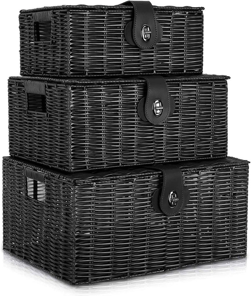 Set of 3 Woven Wicker Storage Basket Box with Lids & Lock, Built-in Carry Handles, Multifunctional Storage Organizer
