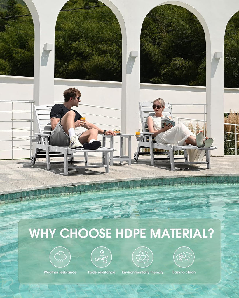 Chaise Lounge Outdoor Set of 2, Lounge Chair Outdoor with Wood Texture, Adjustable 5-Position Backrest, HDPE Lounge