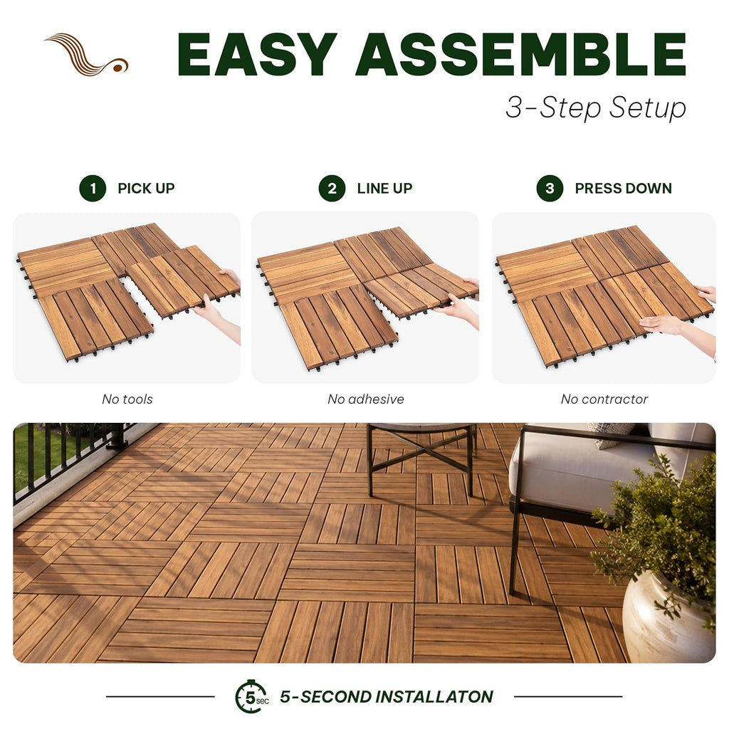 Natural Acacia 12x12 Interlocking Wood Deck Tiles for Balcony, Garden, Patio, Poolside Decor - Waterproof Indoor & Outdoor Flooring - 6 Slats, Round Joints, Pack of 9, Natural Color