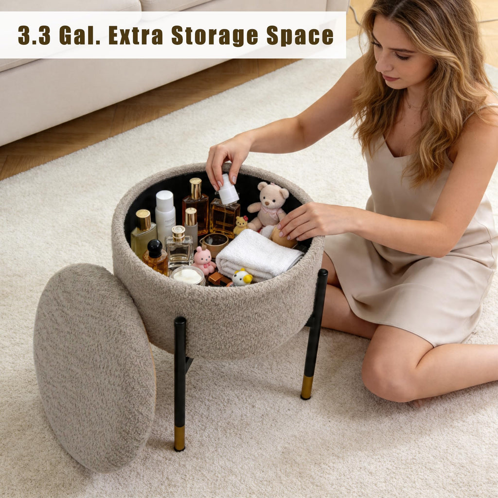 Round Ottoman with Storage, Soft Boucle Teddy Fabric Vanity Stool, Ottoman Coffee Table with Metal Legs, Foot Stool