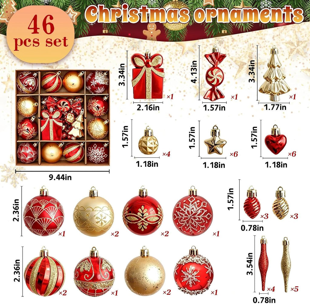 Christmas Ornaments Set, Red and Gold Balls Xmas Tree Hanging Decors - Set of 46