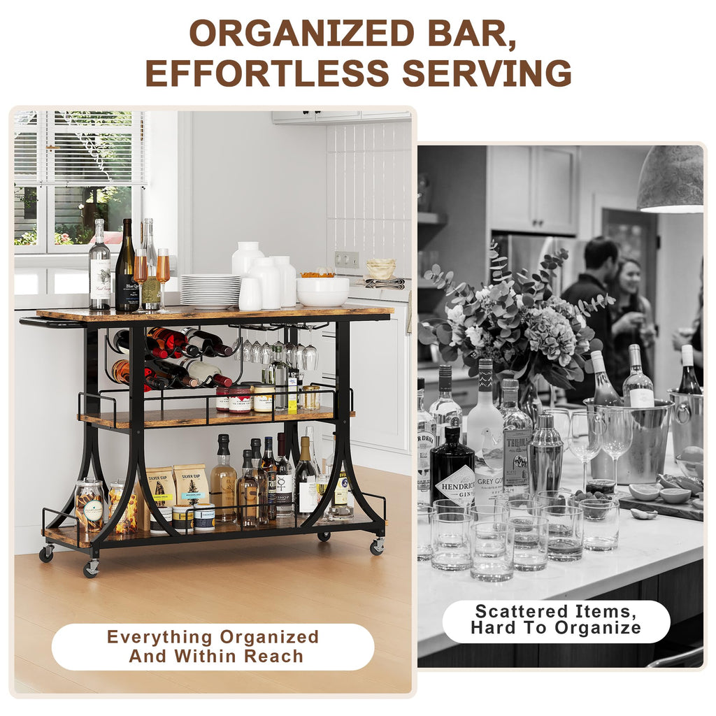 3-Tier Rustic Wooden Bar Cart with Wheels