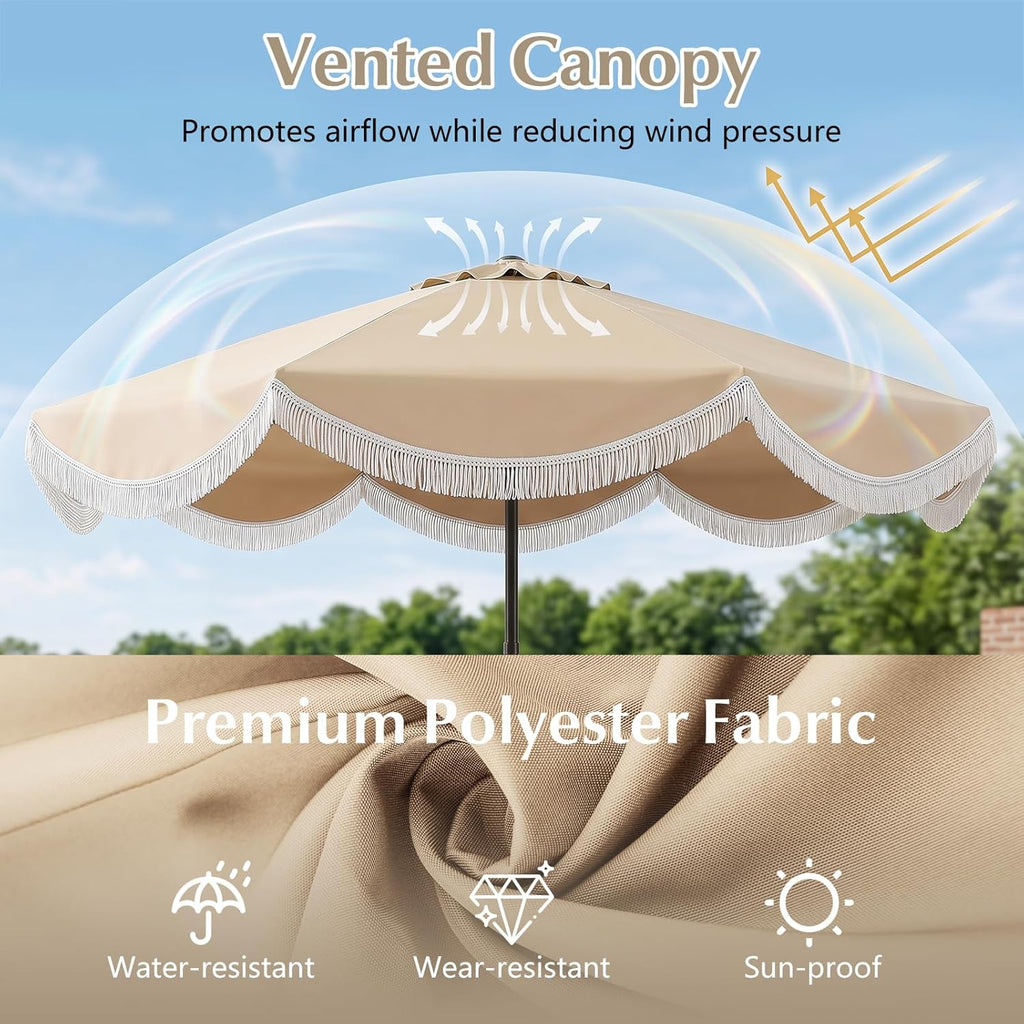 Patio Umbrella with Fringe, Boho Scalloped Canopy & Crank Lift - Beige 10 FT