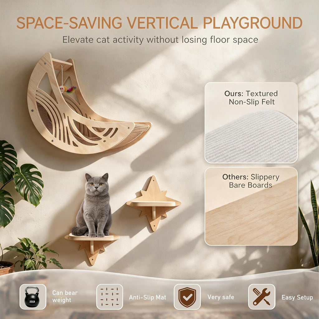 Moon and Star Cat Wall Mount with Anti-Slip Mat, Stable Cat Furniture
