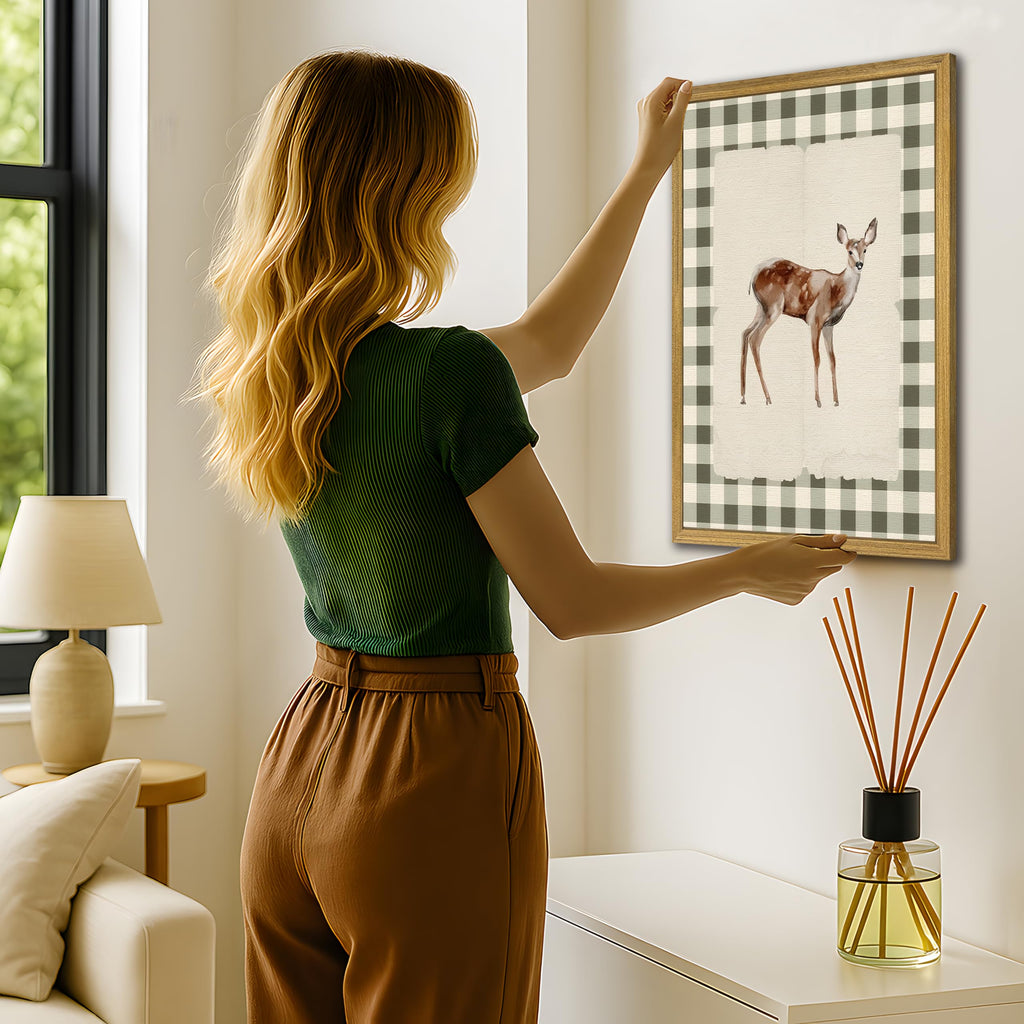 Wood Framed Deer Wall Art Print, Woodland Baby Deer Canvas Poster Wall Decor, Vintage Rustic Green Gingham Farmhouse