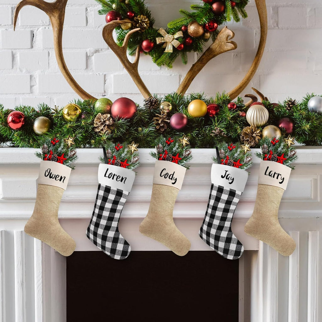 6pcs Christmas Stocking Buffalo Plaid Decor, Black White, Light Brown