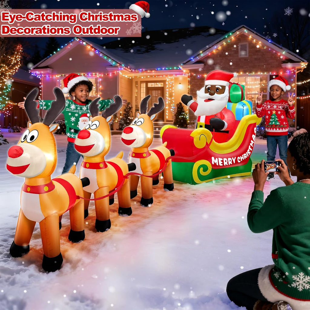 12 Ft Long Christmas Inflatable Black Santa Rides in a Sleigh Pulled by Three Reindeer with Gift Box, African