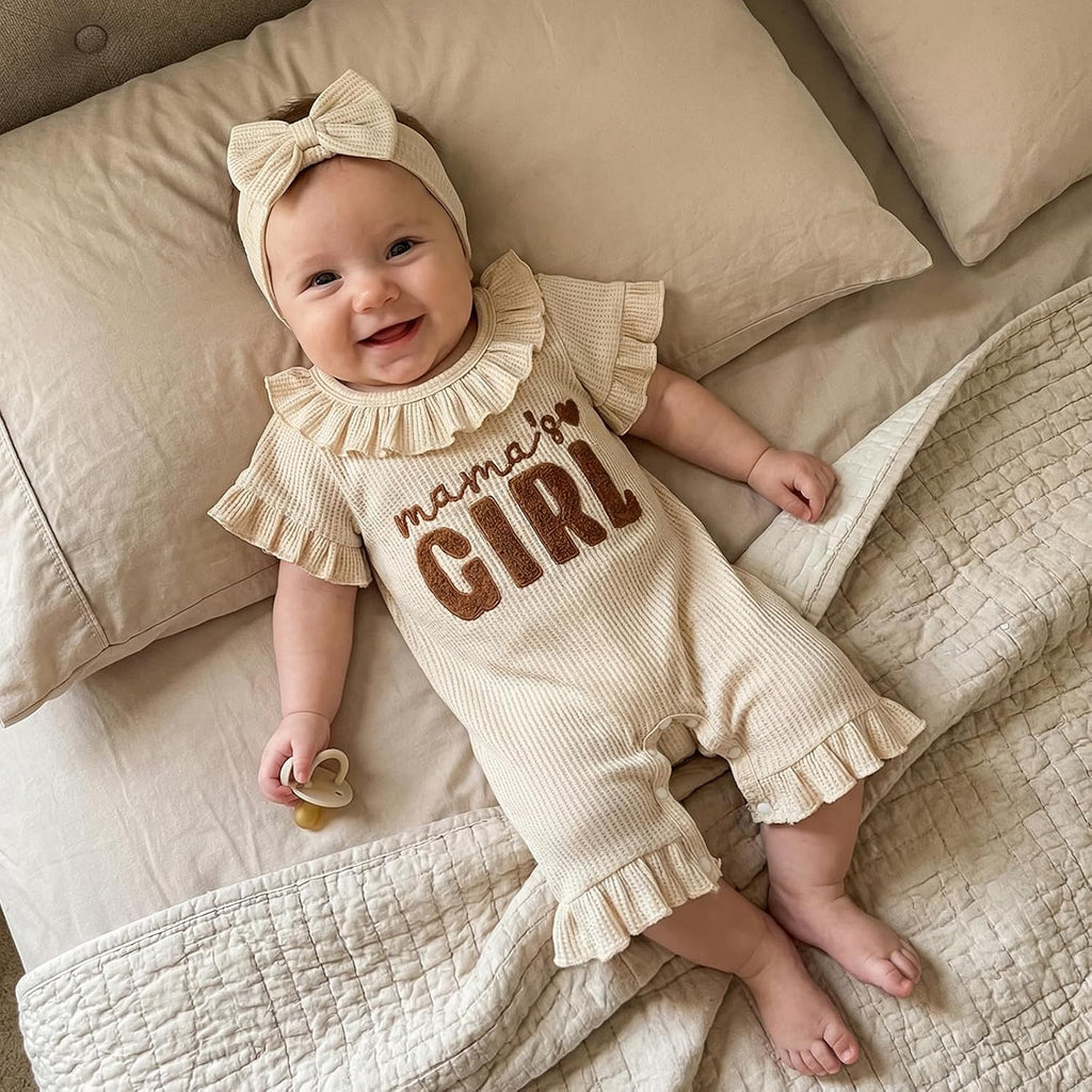 Baby Girl Summer Outfit Romper Hi I'm New Here Embroidery Ruffle Jumpsuit Infant Waffle Knit Clothes