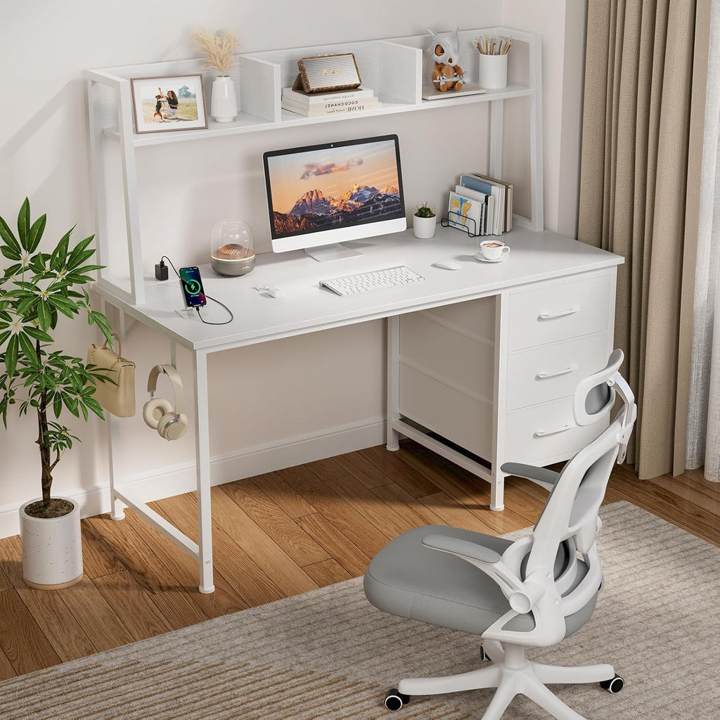 White Computer Desk with Hutch & Drawers - Office Desk with 3 Storage Drawers and Power Outlets