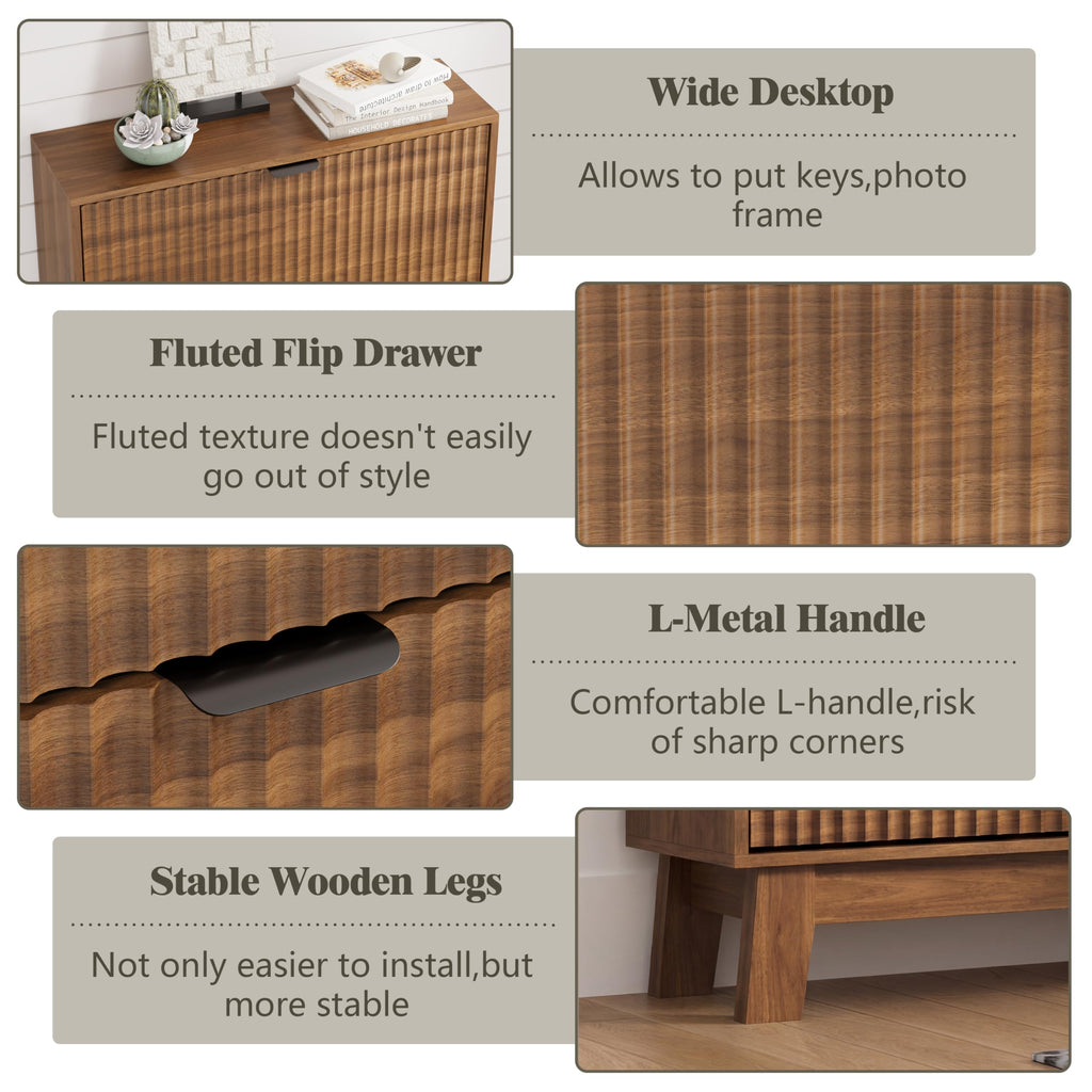 Shoe Cabinet Storage with 3 Flip Drawers, Fluted Narrow Shoe Organizer with Wooden Legs, Freestanding Slim Shoe