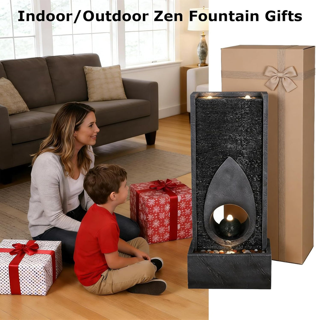 46.5’’Tall Modern Water Fountain Indoor Outdoor Waterfall Feature Floor Standing with Sphere and LED Lights