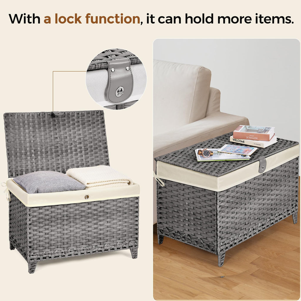 Wicker Storage Basket with Lid, 200L Storage Bin with Removable Liner Bag