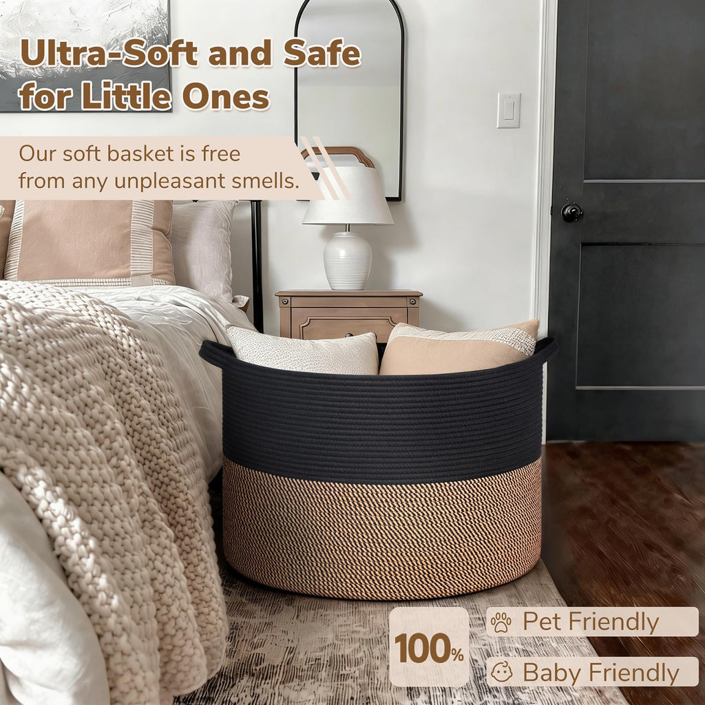Extra Large Woven Rope Blanket Basket Living Room, Mix Black
