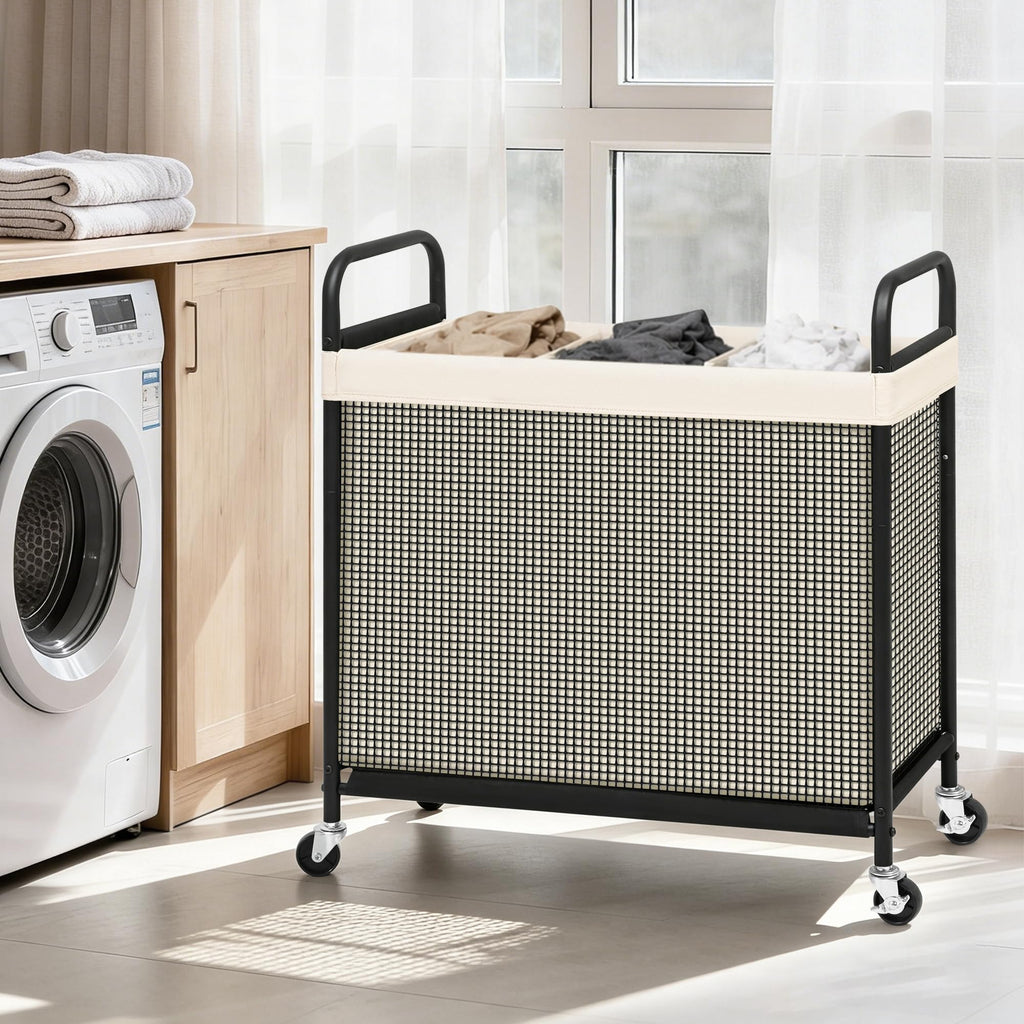 Rolling Laundry Hamper with Wheels 3-Section Laundry Sorter Rolling Laundrys Basket on Wheels with Removable Bag