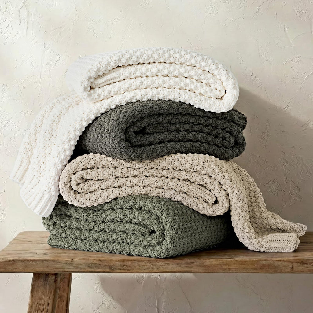 Chunky Chenille Knit Throw Blanket, 50x60, Dried Thyme Green