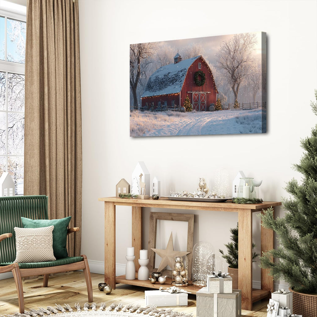 Nature Farmhouse Canvas Wall Art Red Barn Poster Christmas Tree Prints Picture Rustic Country Snow Pictures Wall