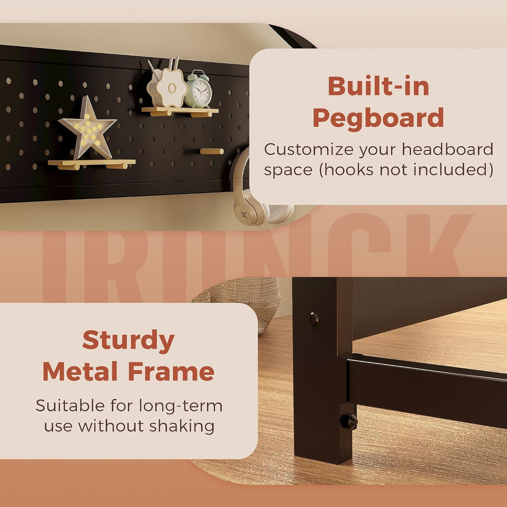 Twin Floor Bed with Storage & Roof, Metal House Bed Frame, Black