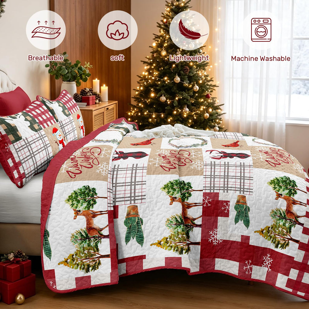 Christmas Quilt Set King Size, Rustic Red Patchwork Bedding