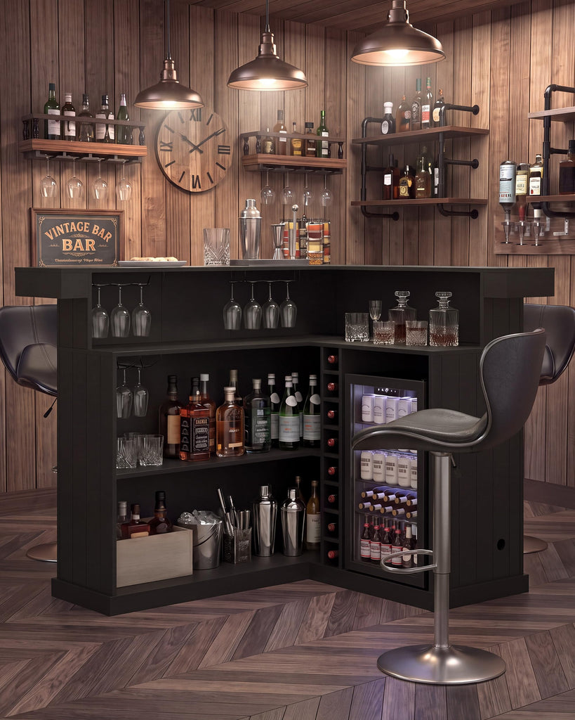 67" L Shaped Home Bar Cabinet with Fridge Space, Basement Bar