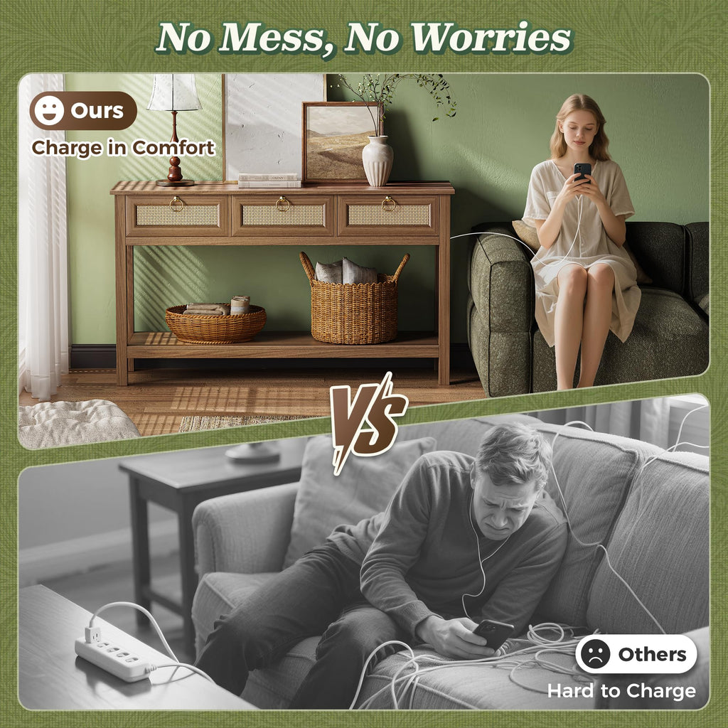 Rattan Console Sofa Table with Outlets, USB-C Port and 3 Drawers