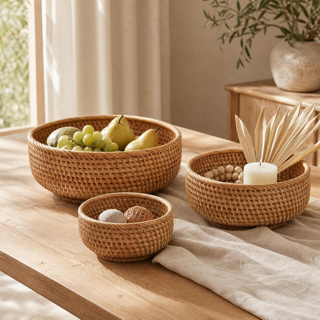 10.6" Large Round Rattan Bread Fruit Basket - Wicker Storage Basket Serving Bowl, Decorative Tabletop Food Basket