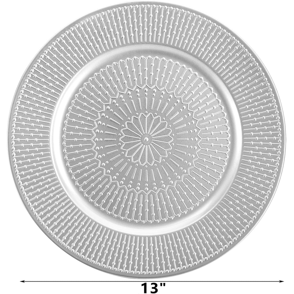 12 Pack Silver Charger Plate, 13-inch Beaded Chargers for Dinner Plates, Plastic Reusable Round Charger Platters