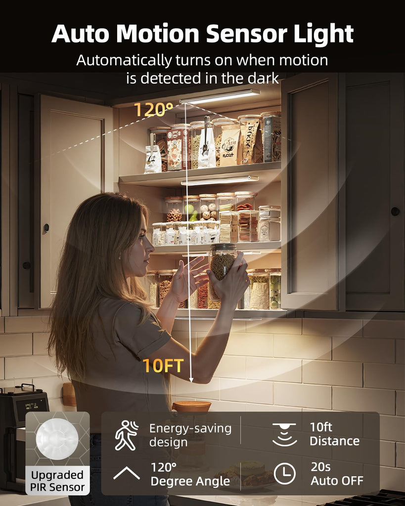10inch Under Cabinet Lighting Wireless, 3-Pack Rechargeable Battery Motion Sensor Light Indoor, LED Closet Lights USB