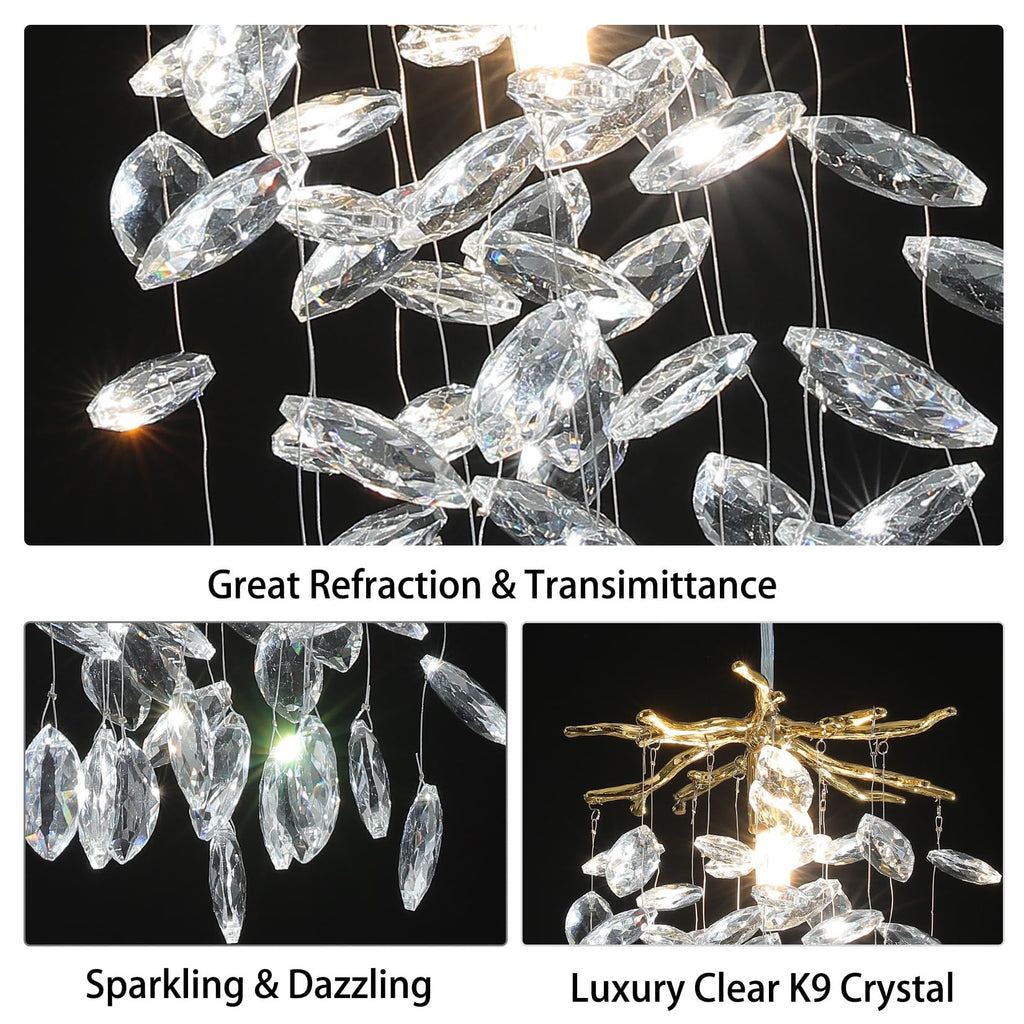 8.3" Crystal Pendant Light Island, Modern Gold Tree Branch Chandelier, Luxury Round K9 Crystal Raindrop Pendant Light