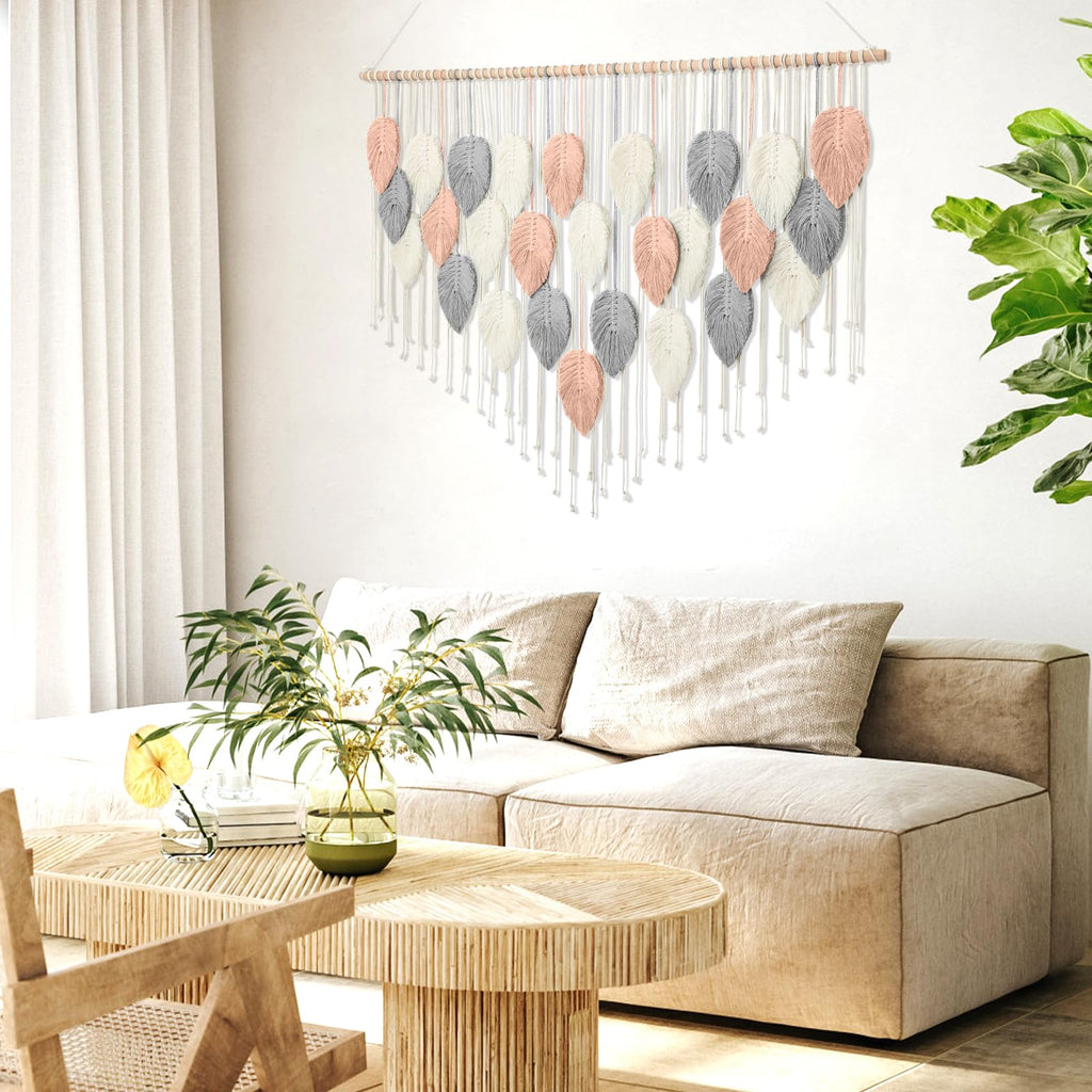 Large Macrame Wall Hanging Boho Leaf Feather Woven Tapestry 51.5"WX33.5"L